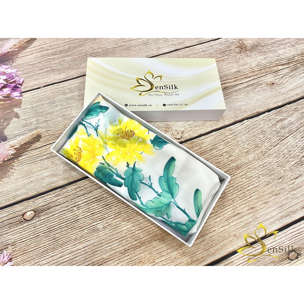 Khăn Lụa Vẽ Tay Hoa Mẫu Đơn Vàng SenSilk 180x90cm, Khăn Quàng Cổ Thời Trang Cao Cấp