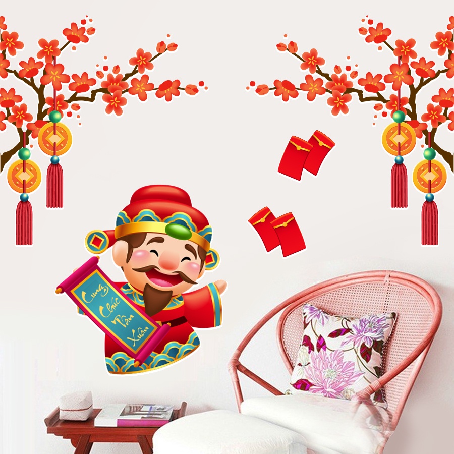 Decal Dán Trang Trí Tết 2022 | Mẫu Dán Trang Trí Cửa Kính Năm Mới Thần Tài HPNY1