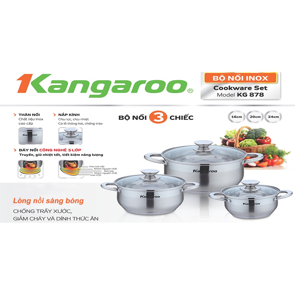 Bộ nồi inox 3 chiếc, size 16-20-24 Kangaroo KG878