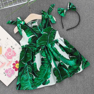 Đầm hai dây họa tiết lá dễ thương cho bé gái