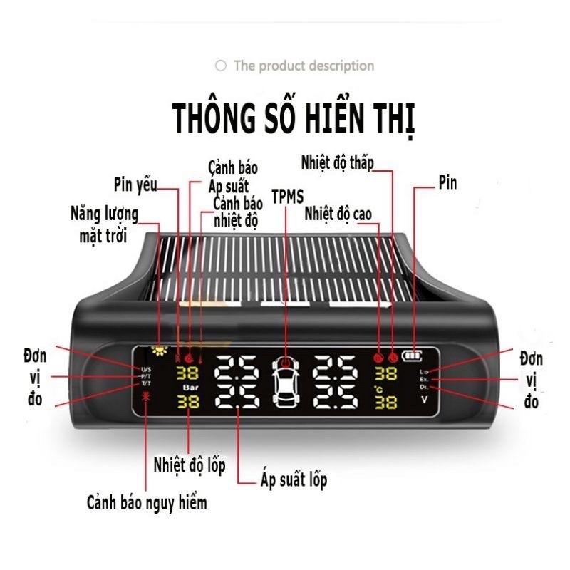 Cảm biến áp suất lốp van ngoài ô tô xe hơi, Pin năng lượng mặt trời, Màn hình hiển thị LCD