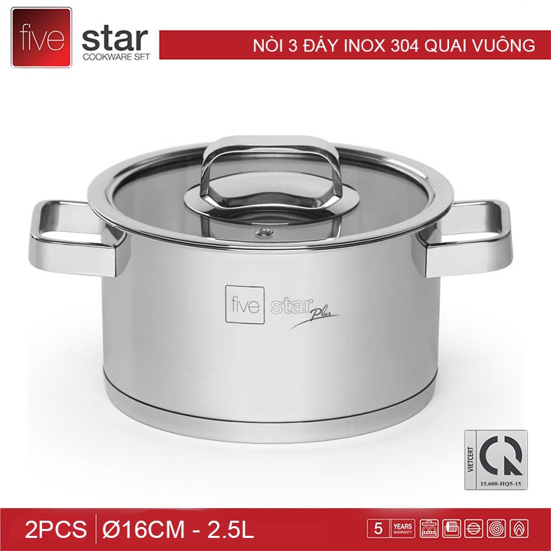 Nồi Inox 304 quai vuông 3 đáy nắp kính Fivestar Plus 16cm