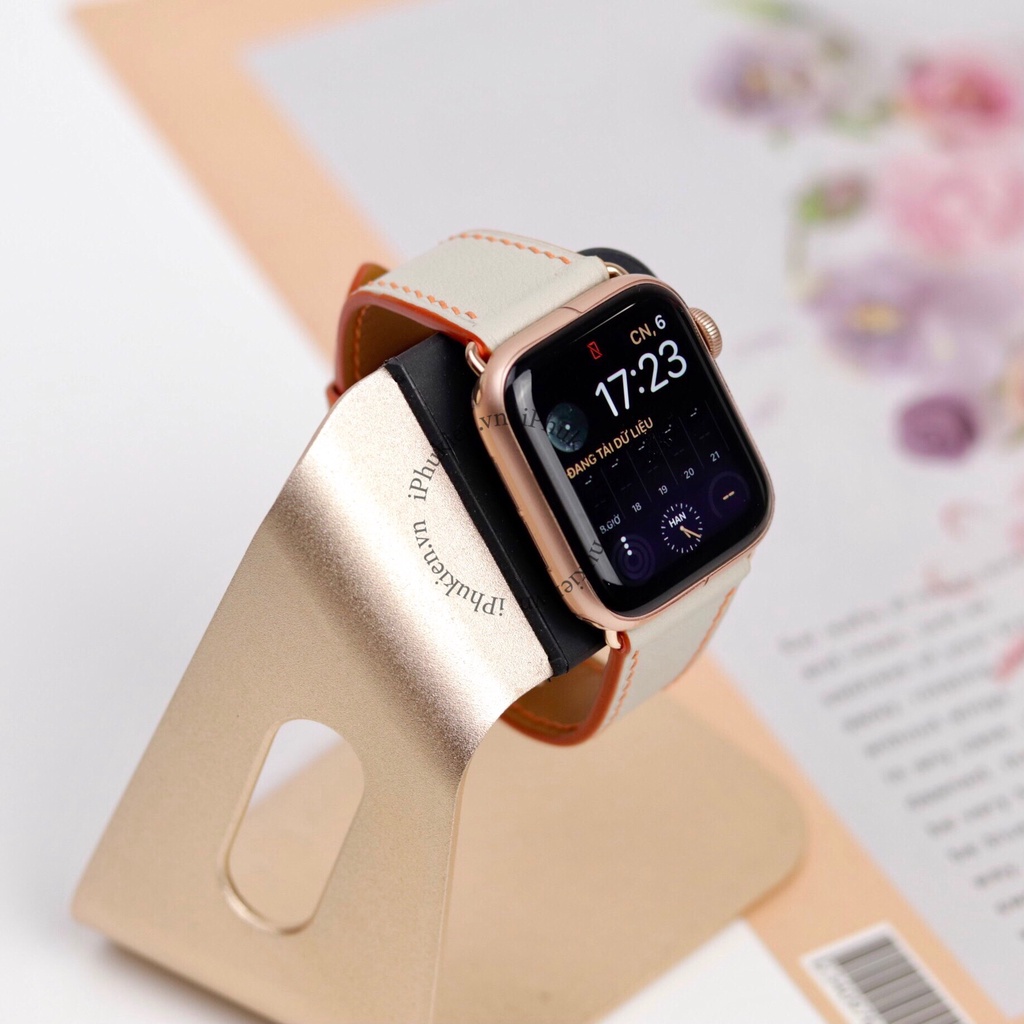 Dây Da Handmade [DA THẬT, BẢO HÀNH 1 NĂM] Swift Xám Chỉ Cam cho Apple Watch Seris 1/2/3/4/5/6/7