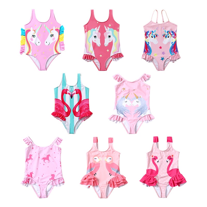 Bộ Đồ Bơi Một Mảnh Không Tay In Hình Chim Hồng Hạc Dễ Thương Dành Cho Bé Gái 2-8 Tuổi