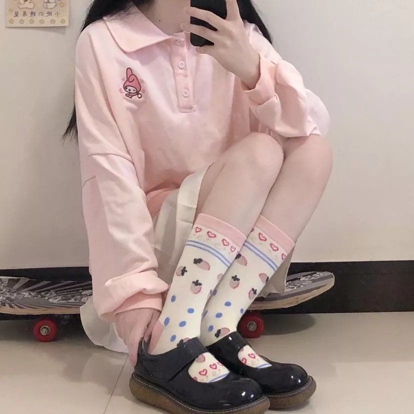 Áo sweater dáng rộng cổ bẻ thêu họa tiết dễ thương xinh xắn thời trang mùa thu