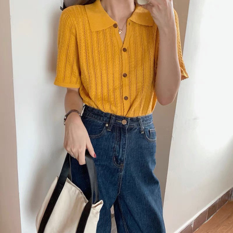 Áo dệt kim tay ngắn màu sắc đơn giản phong cách retro thời trang dành cho nữ
