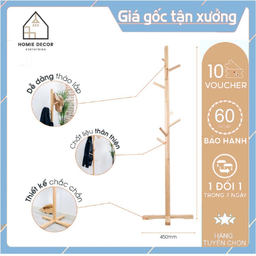 Cây Treo Quần Áo Gỗ Thông - Loại Cao Cấp 8 Móc Cài, chắc chắn - Bảo hành, Lỗi 1 đổi 1