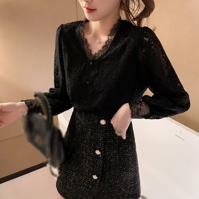 Áo Kiểu Tay Dài Cổ Chữ V Phối Ren Quyến Rũ Thời Trang Cho Nữ