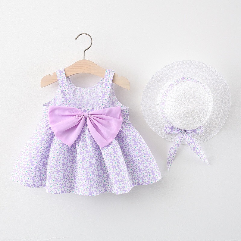 Váy 2 dây hoa lá kèm mũ cho bé 6-16kg - Siêu mát - Thấm hút - Đồ đi biển - Làm quà tặng - Shubishop