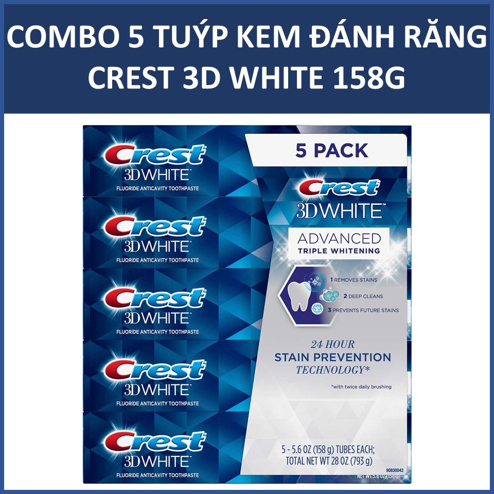 [ Made in USA] COMBO 5 tuýp Kem đánh răng Crest 3D White 158gX5 nguyên lốc