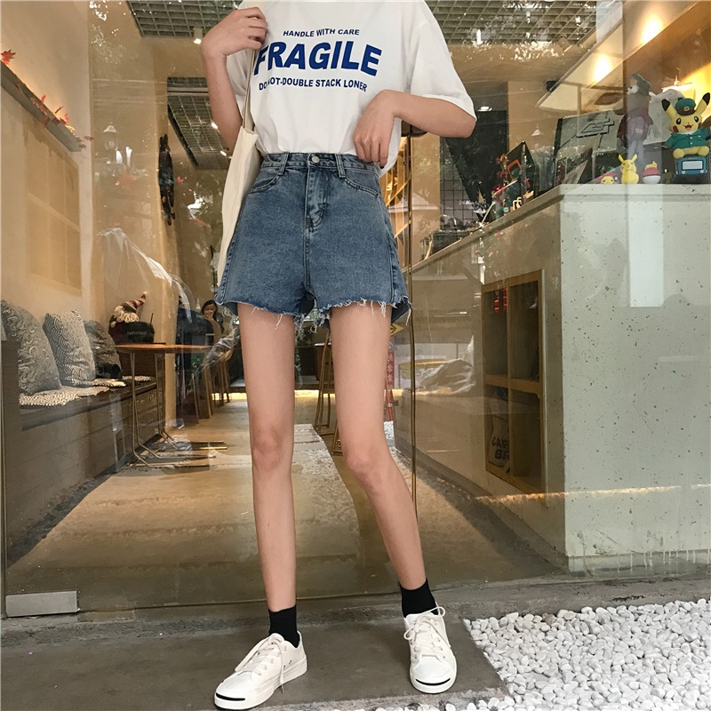 Quần short denim ống rộng lưng cao theo phong cách Hàn Quốc Xiaozhainv