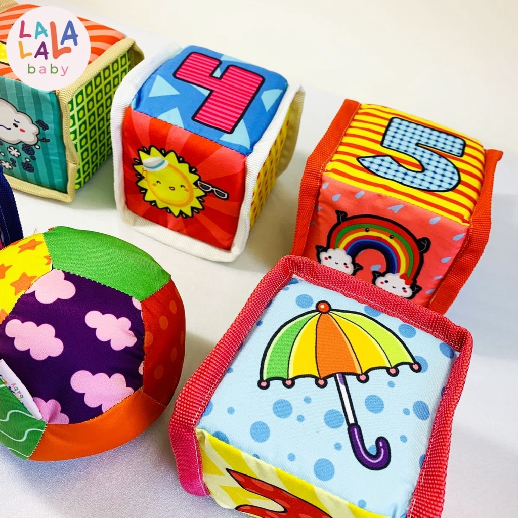 Bộ 5 Hình khối xúc xắc đa tương tác Kèm Bóng vải cho bé Lalala Baby (FARM BLOCK)