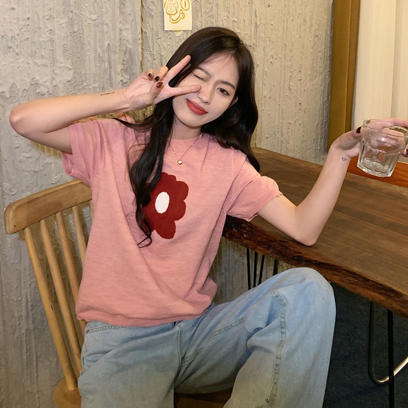Áo thun COZOKC dệt kim tay ngắn dáng ôm in họa tiết hoa thời trang mùa hè cho nữ