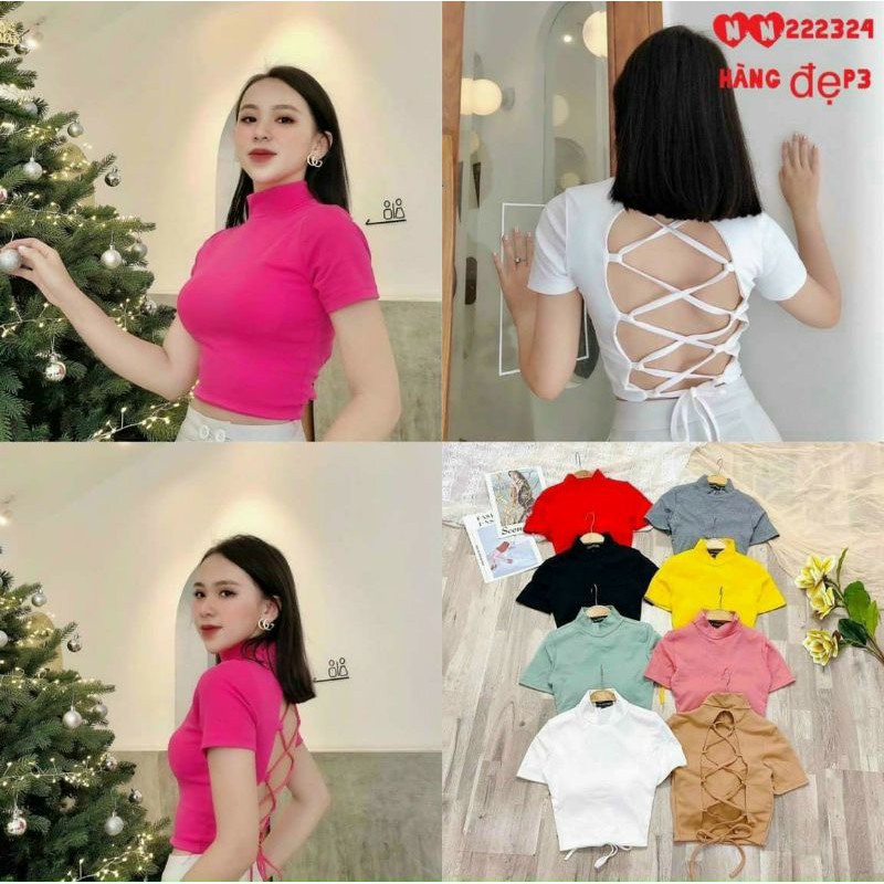 ÁO CROPTOP ĐAN SÂY SAU LƯNG, ÁO THUN CROPTOP CỔ CAO ĐAN DÂY, ÁO CROPTOP HỞ LƯNG