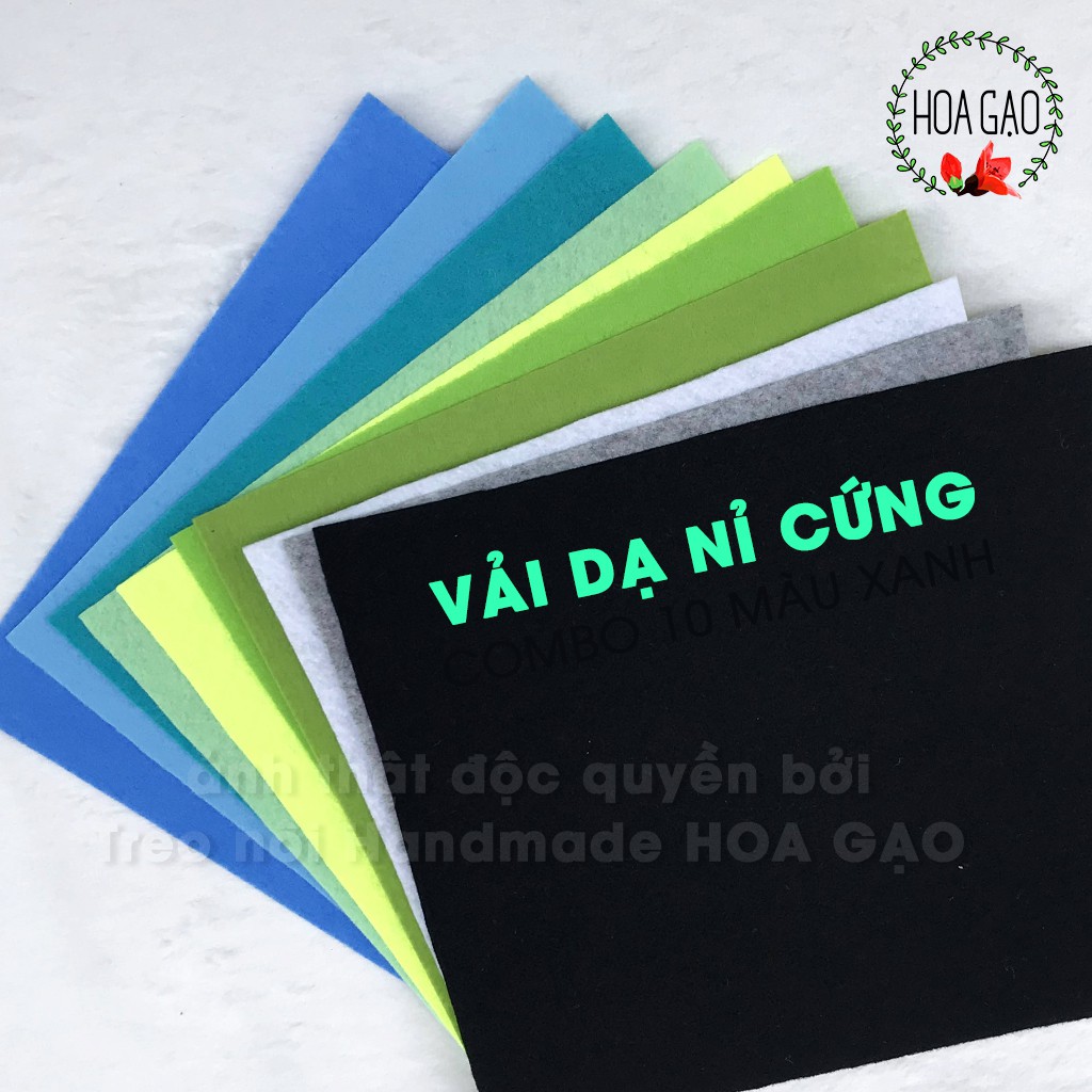 Vải nỉ cứng, combo 10 màu vải dạ nỉ cứng pastel xanh HOA GẠO GNCBC handmade, làm sách vải cho bé, dễ cắt dán