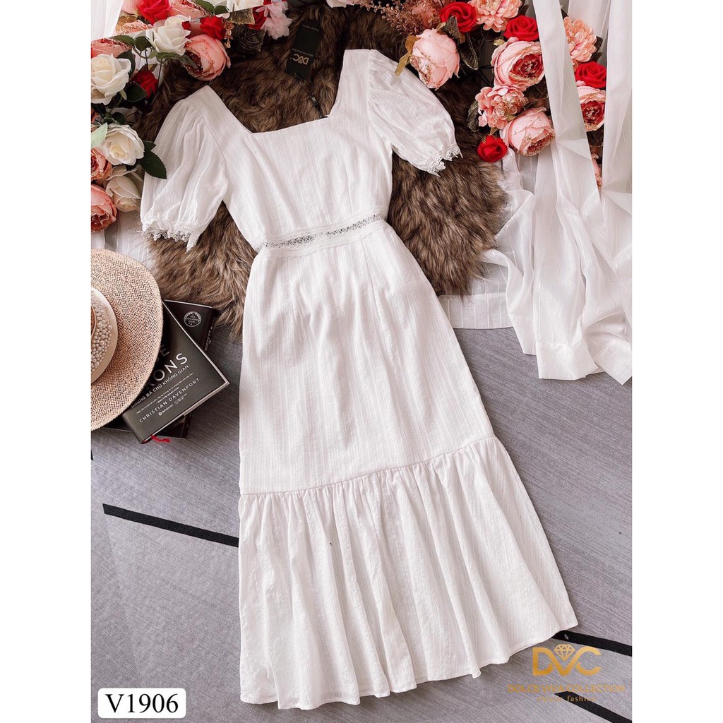 Váy xẻ trắng thiết kế V1904 - LILa SHOP DVC ( Ảnh mẫu và ảnh trải sàn do shop tự chụp )