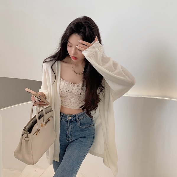 Áo khoác SUXI cardigan dệt kim dáng rộng màu trơn thời trang mùa thu mới cho nữ