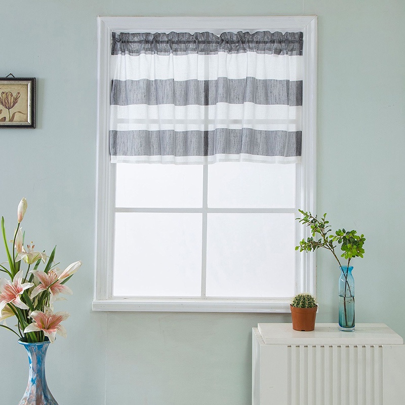 Cafe Kitchen Flight Wire Blue Gray Stripes Window Valance Sheer Voile Curtains