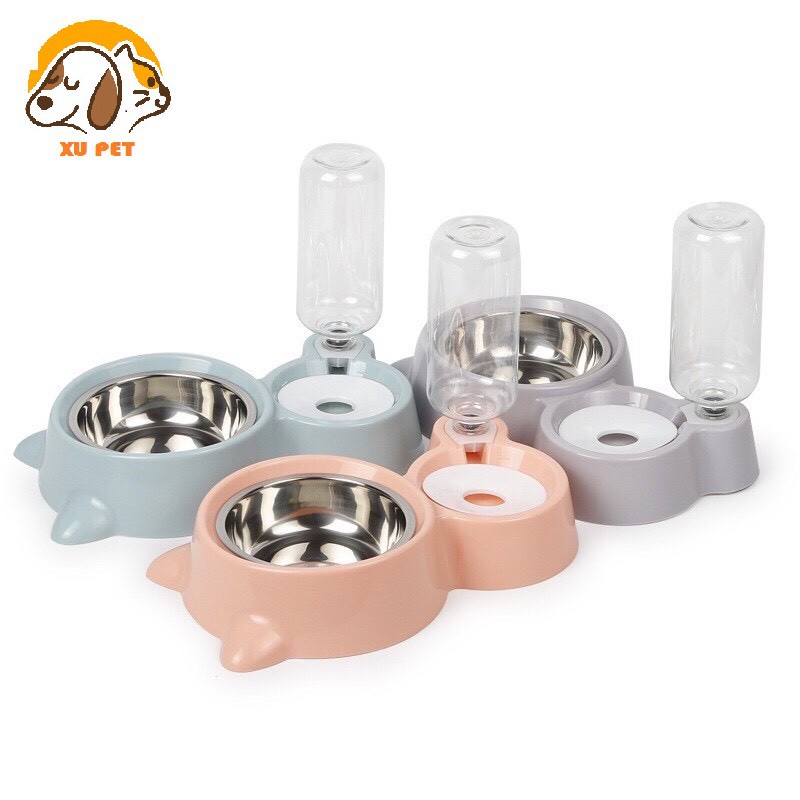 [Mã 252FMCGSALE giảm 8% tối đa 100k đơn 500K] Bát Ăn Đôi Bằng Inox Cho Chó Mèo Kèm Bình Nước Tự Động