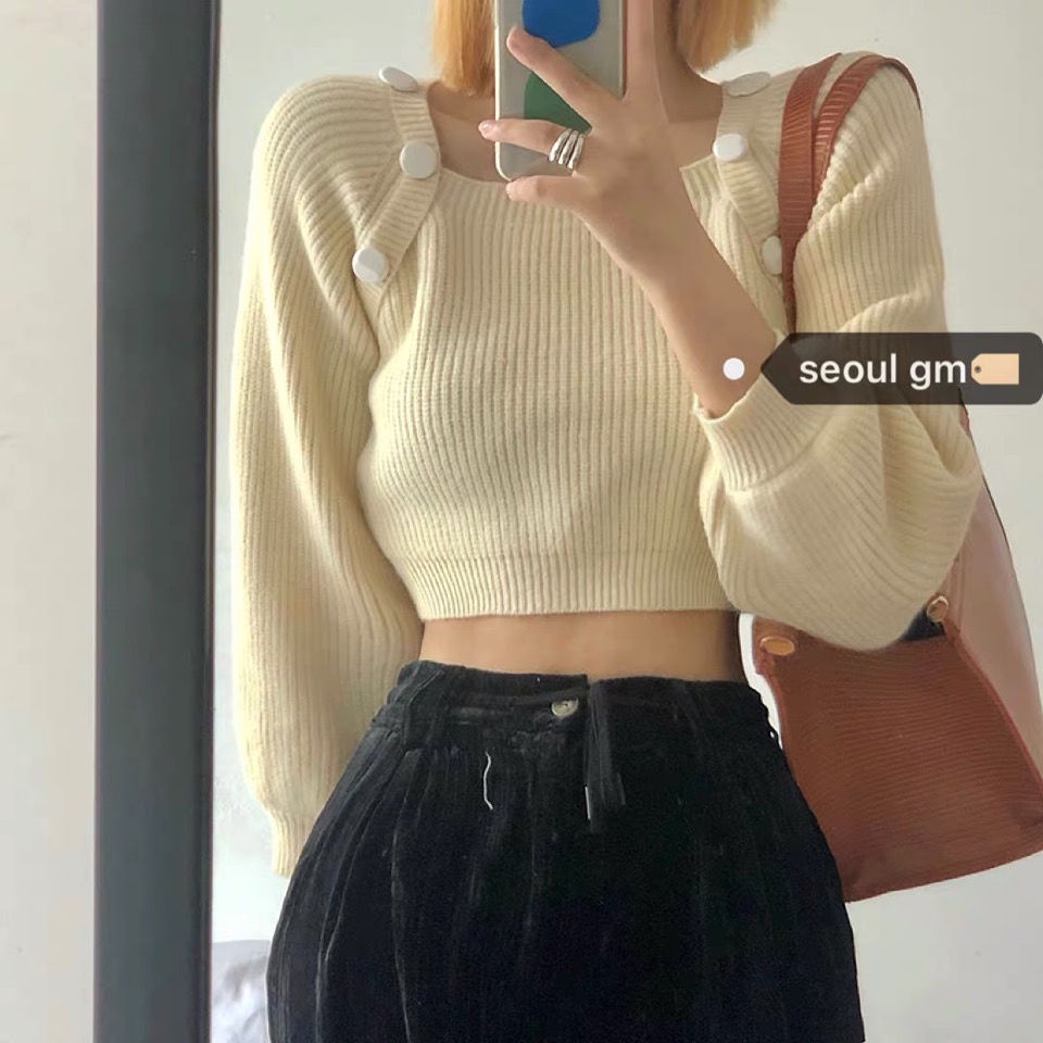 Áo len tay dài cổ vuông phong cách Hàn Quốc thời trang cho nữ