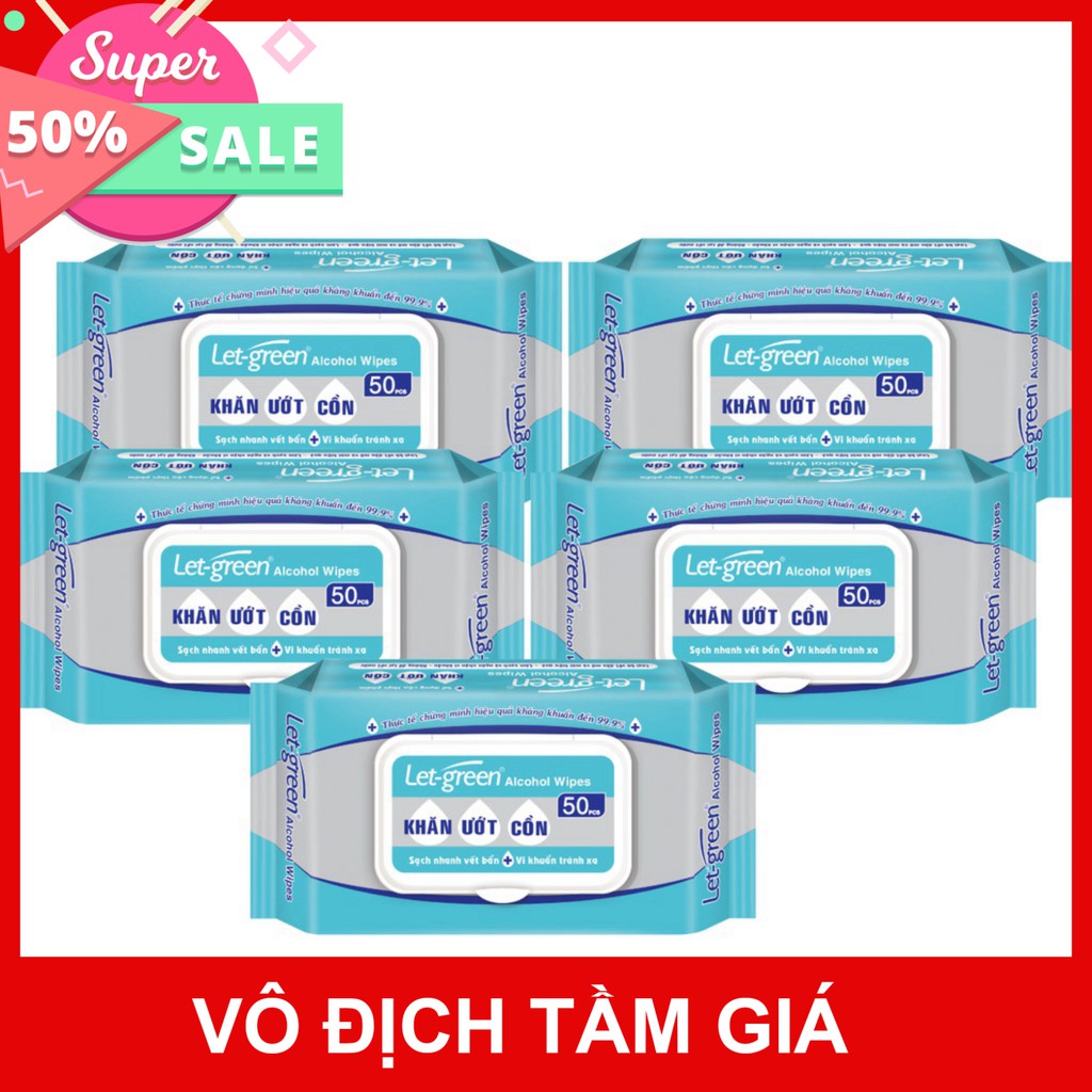 Combo 10 Gói Khăn Ướt Cồn Let-green (50 Tờ x 10) Diệt Khuẩn 99,9% (Mới sản xuất)