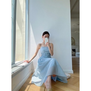 Đầm midi xanh 2 dây khoét eo