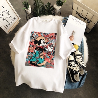 THEODORA Plus size cowboy Mickey graffiti print crew neck half sleeve t shirt Casual loose short sleeve t-shirt Cartoon women tops