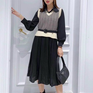 Set gile váy cổ đức chân dập ly kèm đai