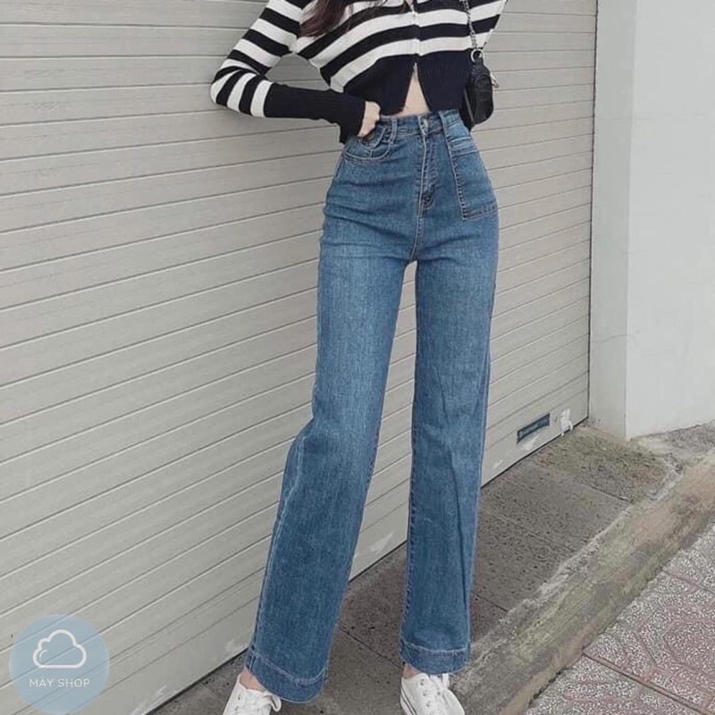 Quần jeans basic dáng suông túi nắp cạp cao tôn dáng cho nữ