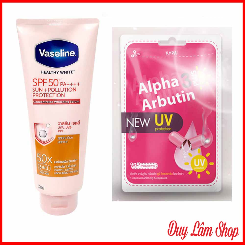 Combo dưỡng trắng da Vaseline 50X và viên kích trắng Alpha Arbutin