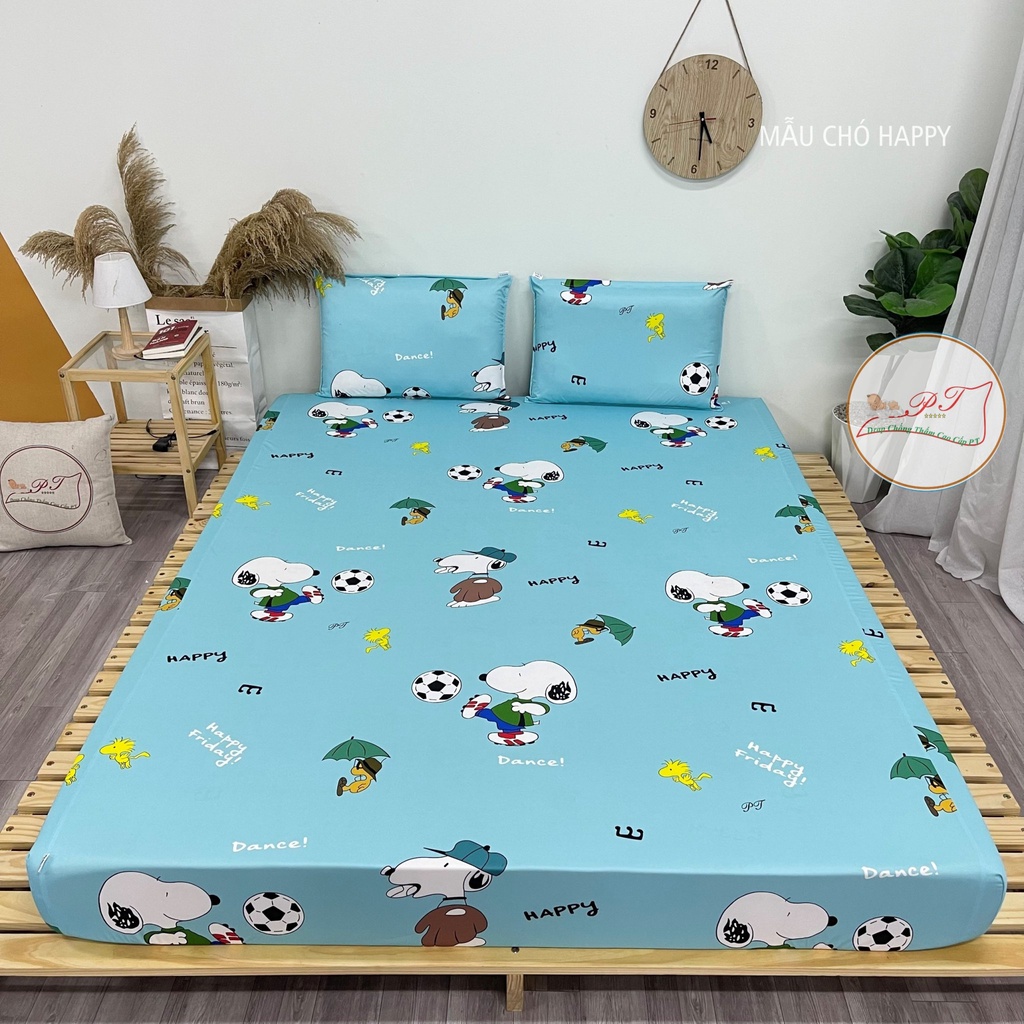 Bộ ga chống thấm cho bé kèm vỏ gối cao cấp, drap chống thấm PT chính hãng bé tè lau là sạch (mẫu chó happy)