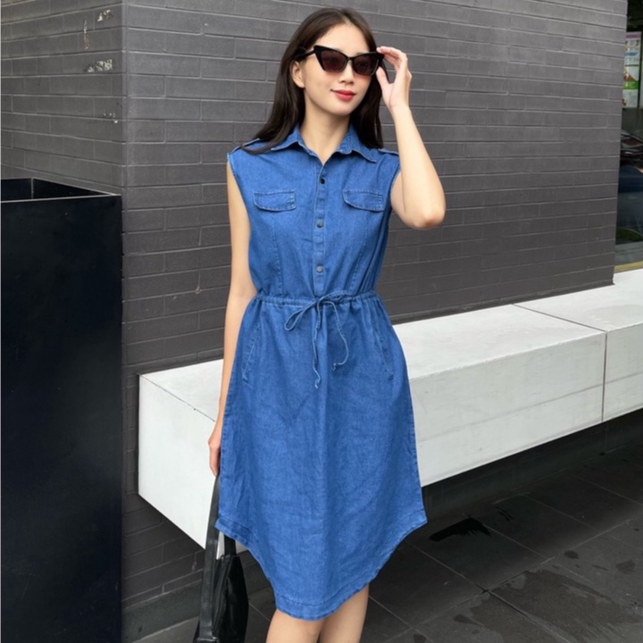 Váy denim dáng dài cổ sơ mi phong cách Hàn Quốc