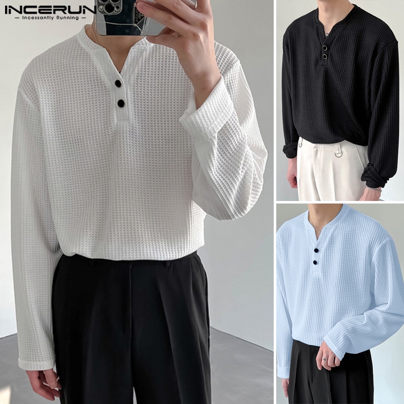 Áo thun INCERUN dệt kim tay dài dáng ôm thời trang thu đông cho nam