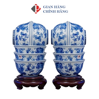 Bát cúng hoạ tiết Rồng men Lam Trắng Trơn, đồ thờ PHÙNG GIA - Gốm sứ Bát Tràng cao cấp