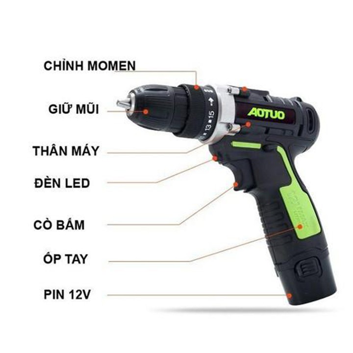 Máy Khoan Pin Cầm Tay AOTUO 12V Kiêm Máy Bắt Ốc Vít, Máy Khoan Mini Không Dây Dùng Pin Sạc - Bảo Hành 1 Năm