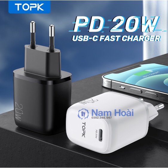 Củ Sạc Nhanh TOPK B110P/B210P Mini 20W PD3.0 QC3.0 Cổng USB Type C Tiện Dụng Mang Theo Du Lịch