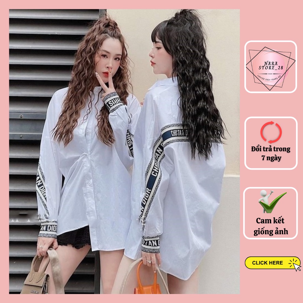 Áo sơ mi form rộng nữ, sơ mi DI.OR nữ tay bo chun phối viền chữ dáng oversize giấu quần hàng đẹp