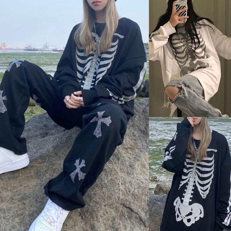 Áo Sweatshirt Tay Dài Oversize In Hình Xương Ngực Phong Cách Punk Cho Nữ
