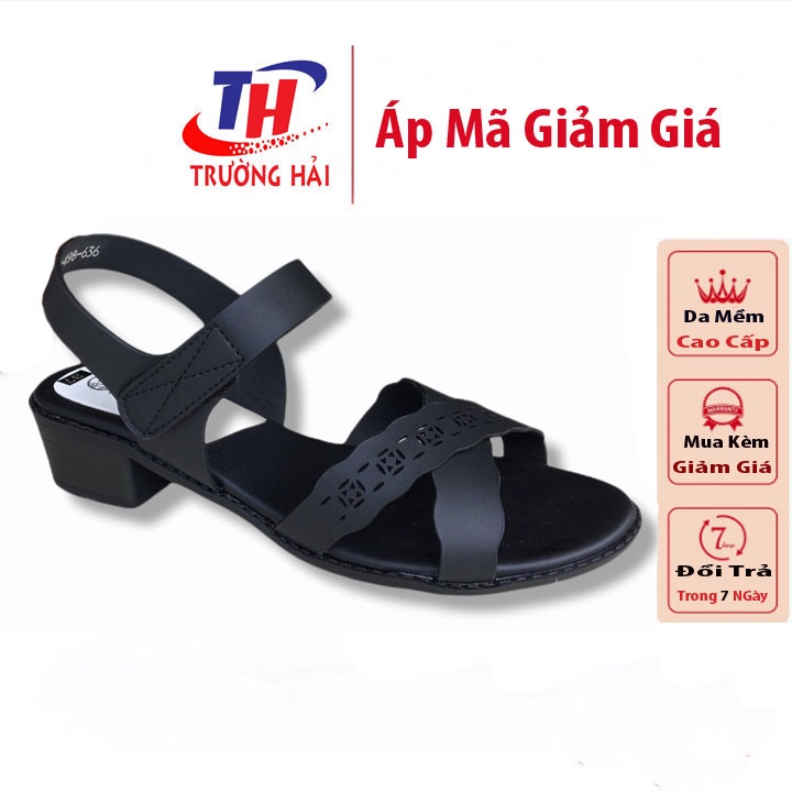 Xăng đan nữ Trường Hải gót vuông 4cm màu đen đế cao su không trơn XDN0341