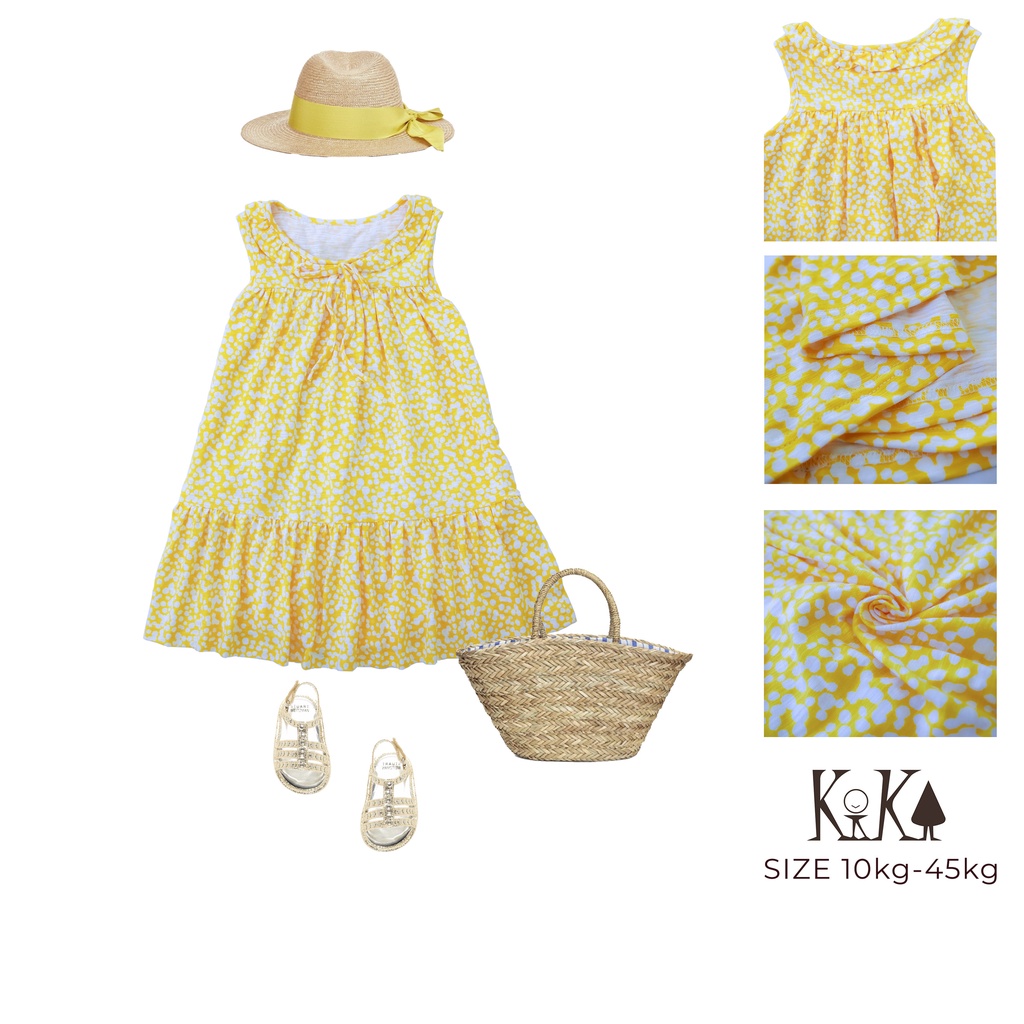 [KIKA] Đầm thun cho bé gái mùa hè mầu vàng cổ sen dây nơ - Size 11-45kg - K140