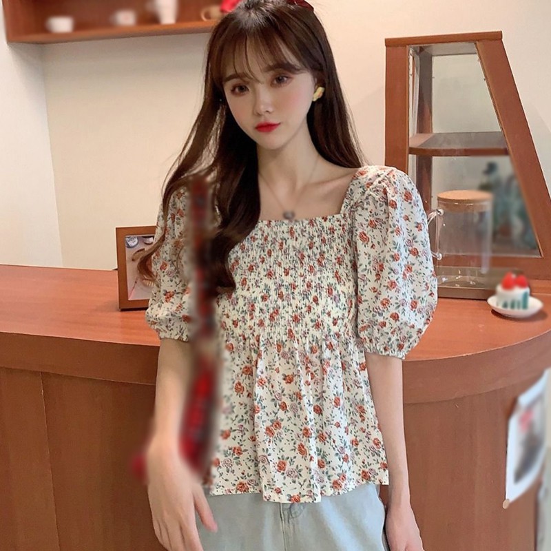 Áo Tay Ngắn Cổ Chữ U Họa Tiết Hoa Xinh Xắn Thời Trang Mùa Hè Dành Cho Nữ