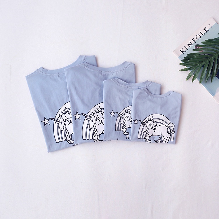 Áo gia đình Familylove - Mẫu Áo gia đình Ngựa Unicorn màu Xanh biển Cotton 100%