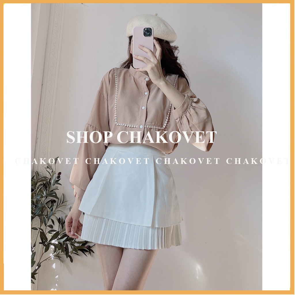 Sơ mi nữ tay bồng CKA882, áo nữ kiểu cổ tàu thiết kế tay dài họa tiết ren ngực dáng basic chất mềm mát đẹp không nhăn | BigBuy360 - bigbuy360.vn