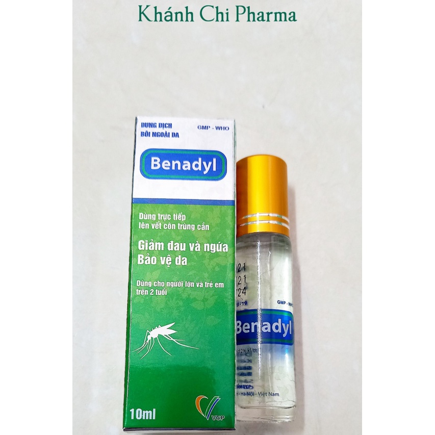Lăn bôi muỗi Benadyl lọ 10ml. Dung dịch lăn giúp giảm ngứa, đau, sưng do muỗi, côn trùng cắn an toàn cho trẻ từ 2 tuổi