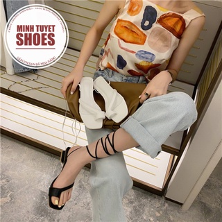 guốc sandal gót vuông 5cm mũi hở dây quấn cổ chân Minhtuyethoes-Giày nữ kiểu chiến binh mẫu mới 2022