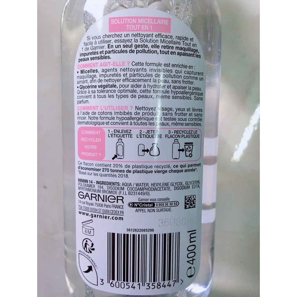 Nước tẩy trang Garnier Micellar Water bản PHÁP 400ml