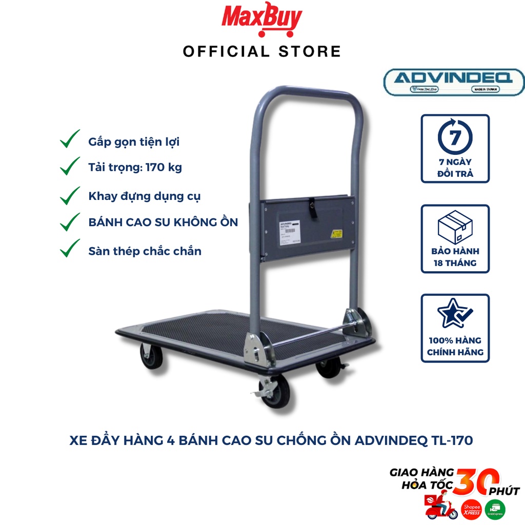 Xe đẩy hàng 4 bánh cao su chống ồn gấp gọn Advindeq TL-170 có KHAY ĐỰNG DỤNG CỤ nhập khẩu chính hãng, bảo hành 12 tháng