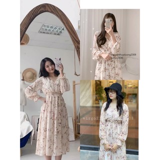 [Ảnh thật]Váy hoa cúc ngọc chun eo Ulzzang-Đầm hoa Vintage