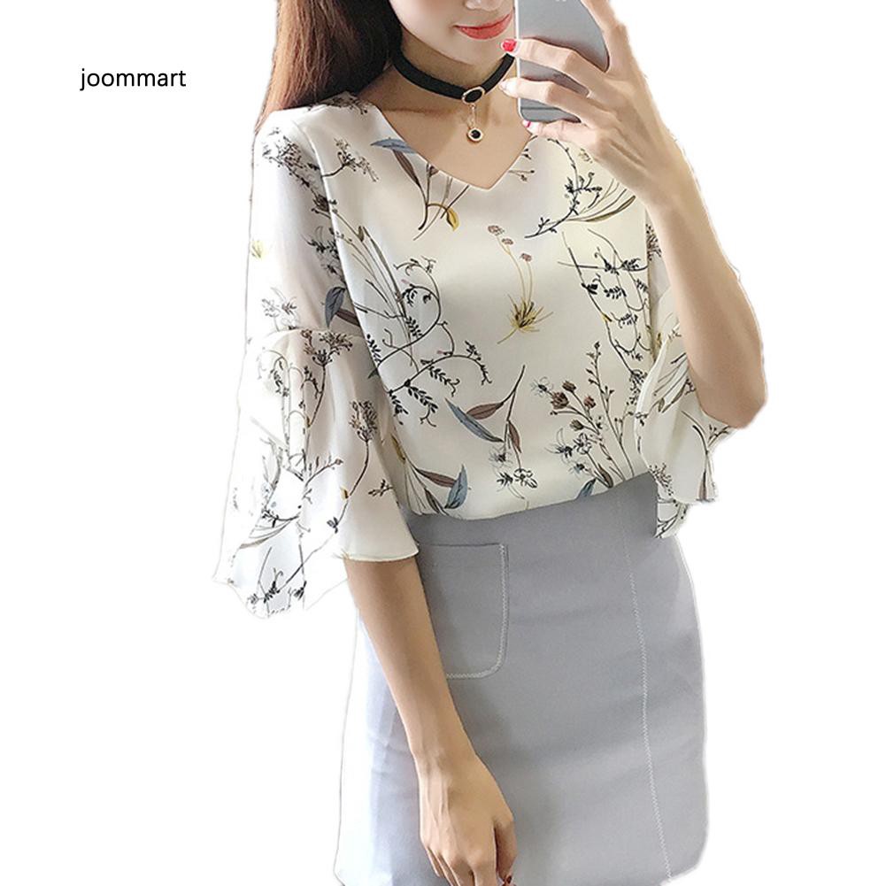 Áo Sơ Mi Chiffon Tay Lỡ Cổ Chữ V In Họa Tiết Hoa Thời Trang Công Sở Cho Nữ