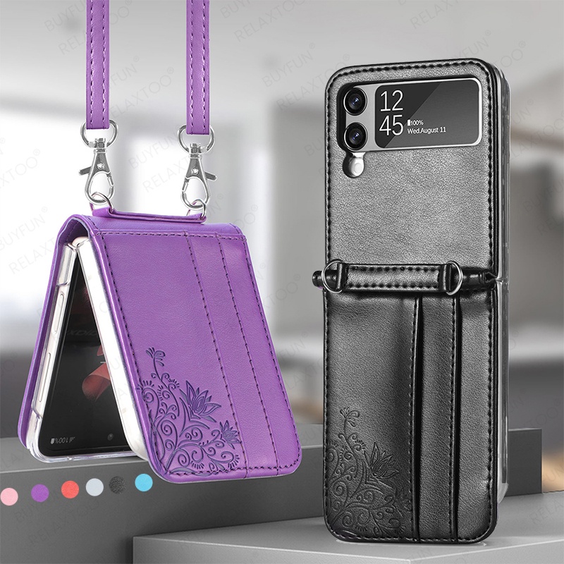 Bao da nắp gập chống va đập có ngăn đựng thẻ và dây đeo thời trang thích hợp cho Samsung Galaxy Z Flip 3 5G Flip3